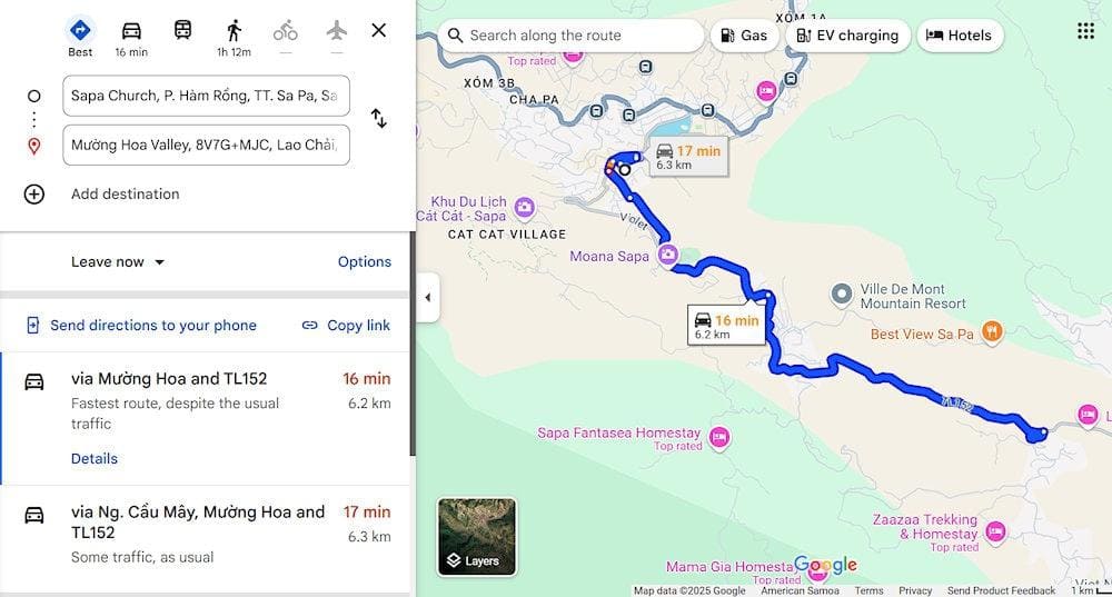 Muong Hoa Valley's strategic location 6km southeast of Sapa town center, extending 15km to Ban Ho Village (Source: Google Map)
